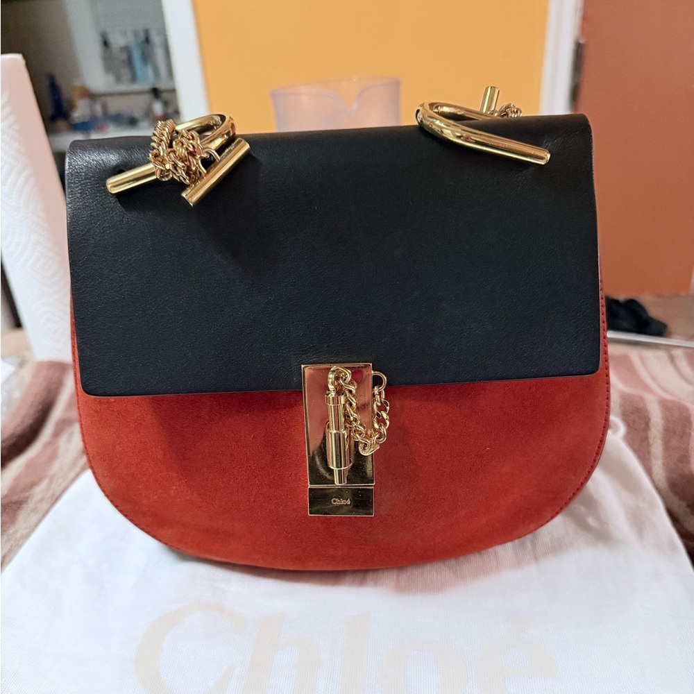 Two-Tone Leather & Suede Shoulder Bag in Black and Red-Orange